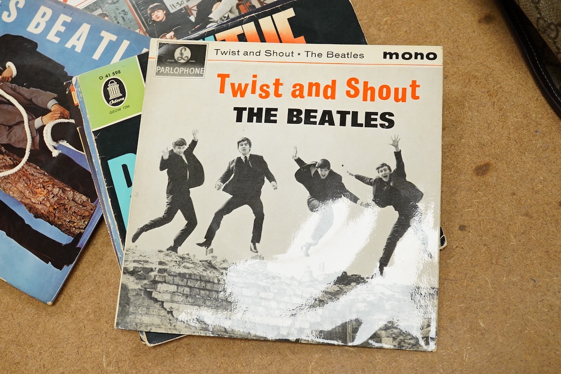 Fifteen The Beatles 7” singles, all in pictures sleeves, including; Extracts from A Hard Days Night, The Beatles Million Sellers, Twist and Shout, Hello Goodbye, Lady Madonna, etc., including several foreign issues